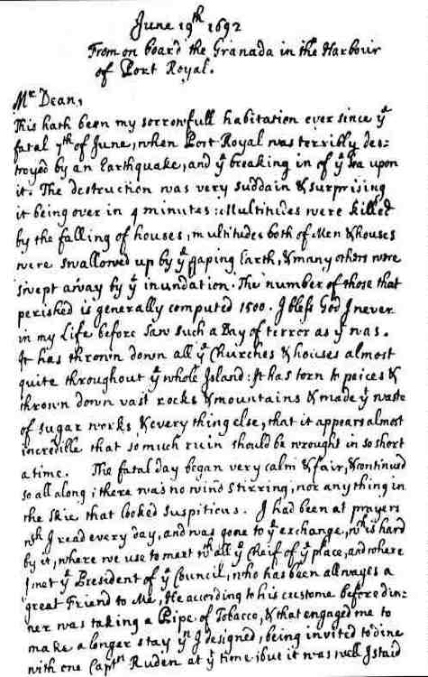 1692 Port Royal Earthquake - Edmund Heaths Earthquake Account Page 1 (1692)