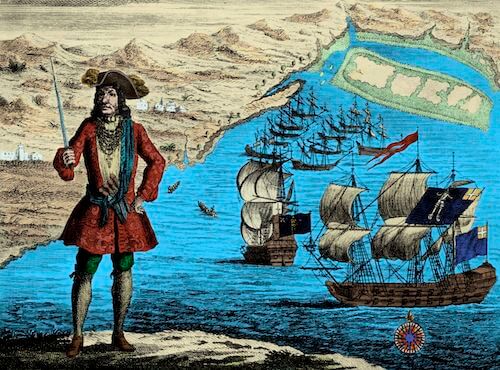 Bartholomew Roberts Blockades Ouidah Harbor - A General History of Pyrates (1725)